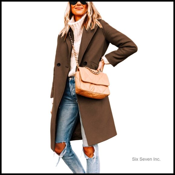 Jackets & Blazers - Winter Wool Blend Peacoat with Notch Lapel Long Overcoat
